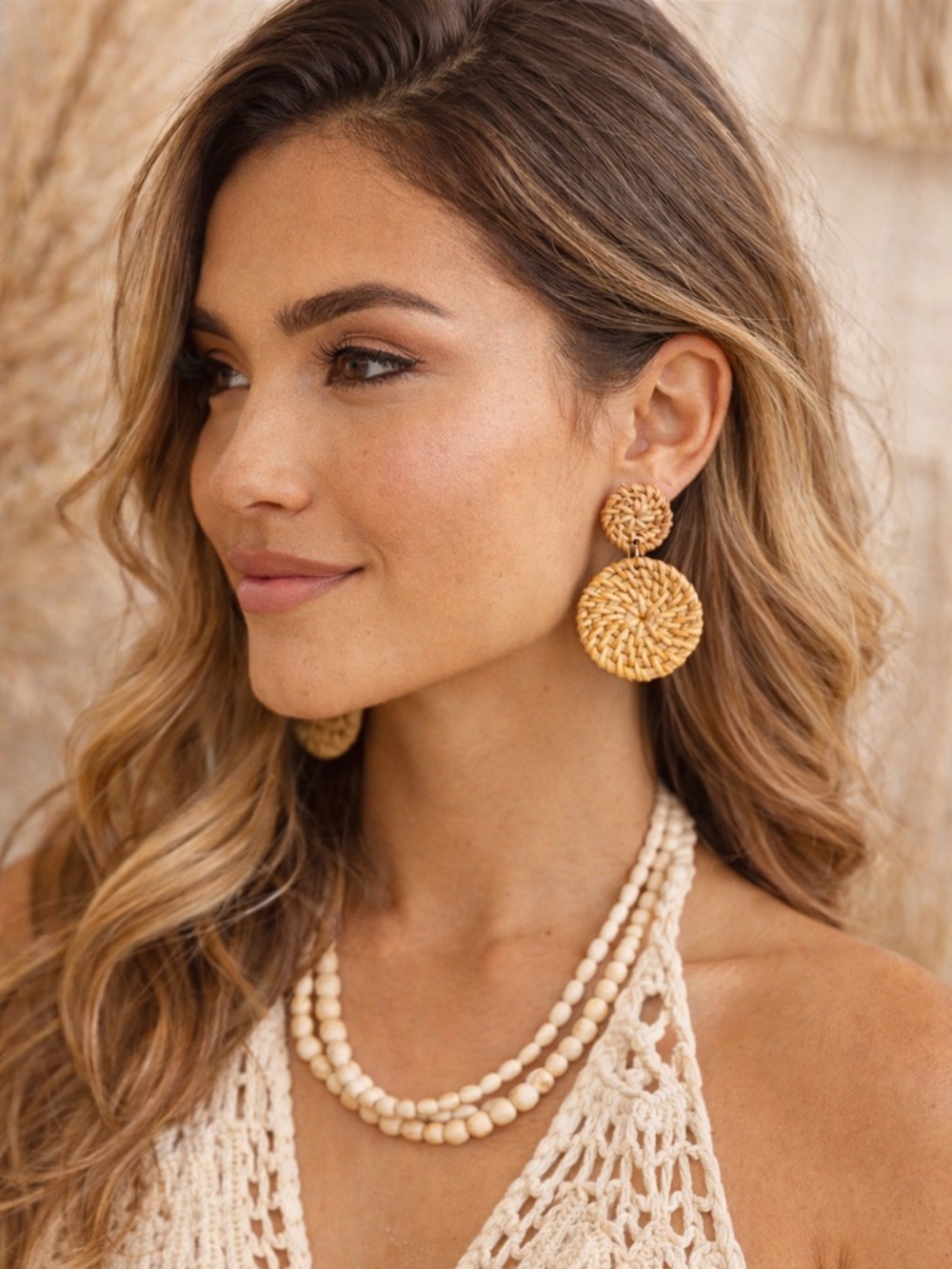 Boho Woven Rattan Double Disc Statement Dangle Stud Earrings NEW